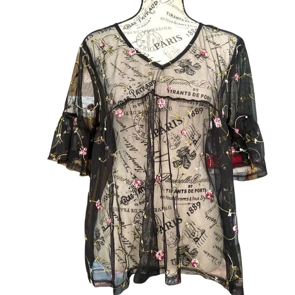 Gypsies & Moondust Black Sheer Mesh Floral Blouse in Size Large